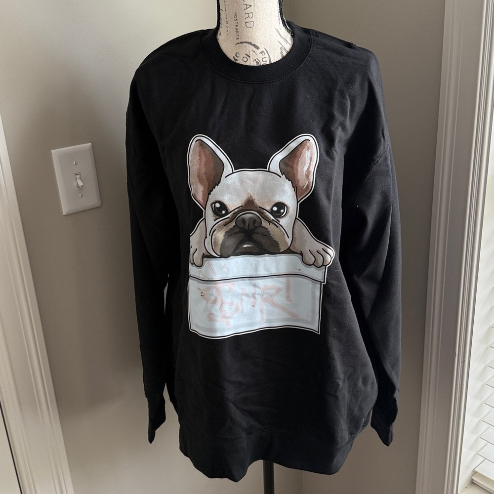 SNRT Black Sweatshirt with French Bulldog Graphic large unisex